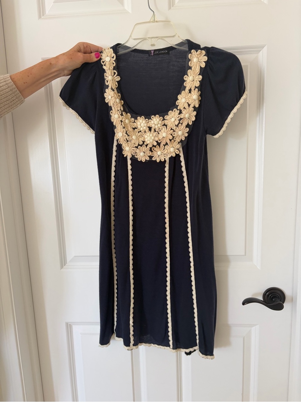 Navy Floral Trim Womens Dress